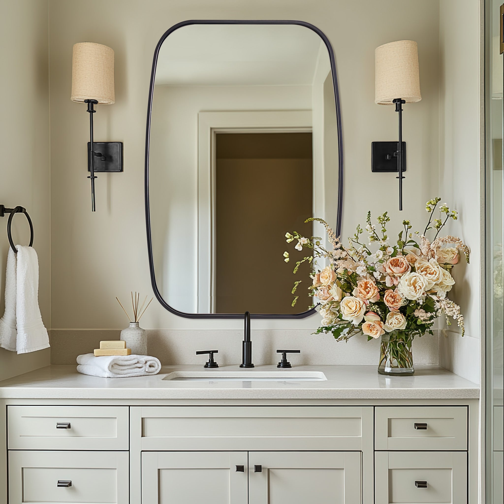 Contemporary Long Oval Oblong Bathroom Mirror | Stainless Steel Frame