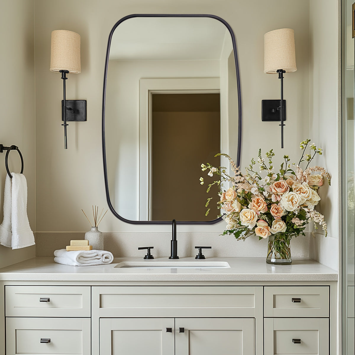 Contemporary Long Oval Oblong Bathroom Mirror | Stainless Steel Frame