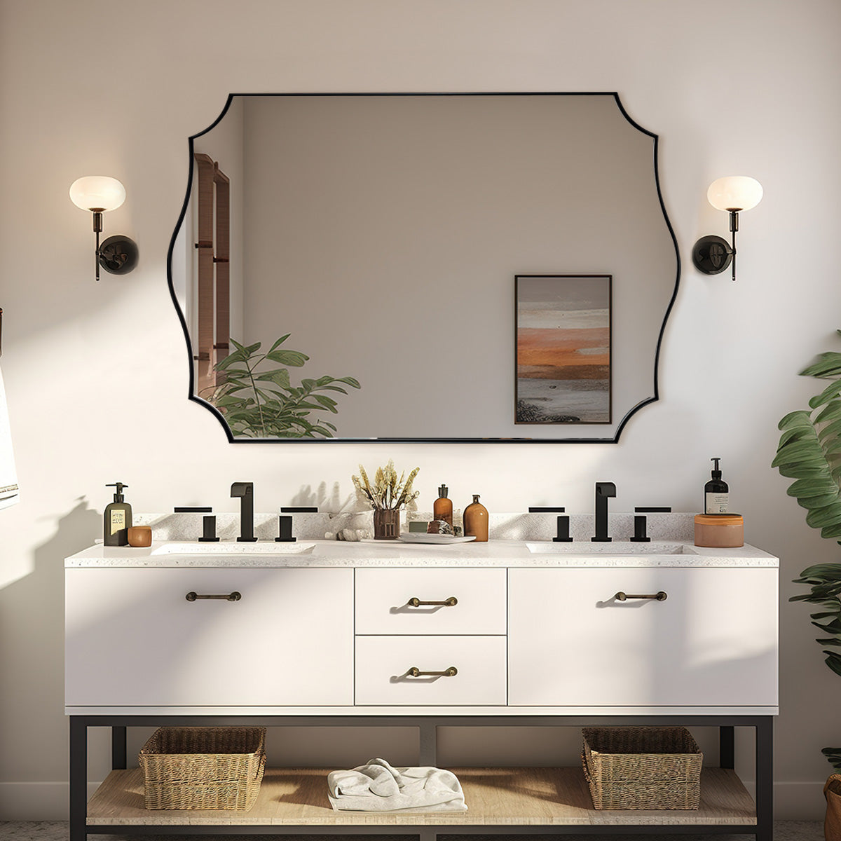 Traditional Rectangle Scalloped Wall Mirror for Bathroom | Stainless Steel Frame
