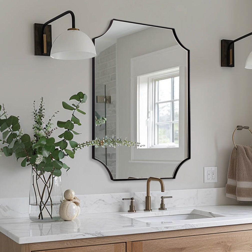Contemporary Rounded Notched Corner Scalloped Rectangle Bathroom Vanity Mirror | Stainless Steel Frame