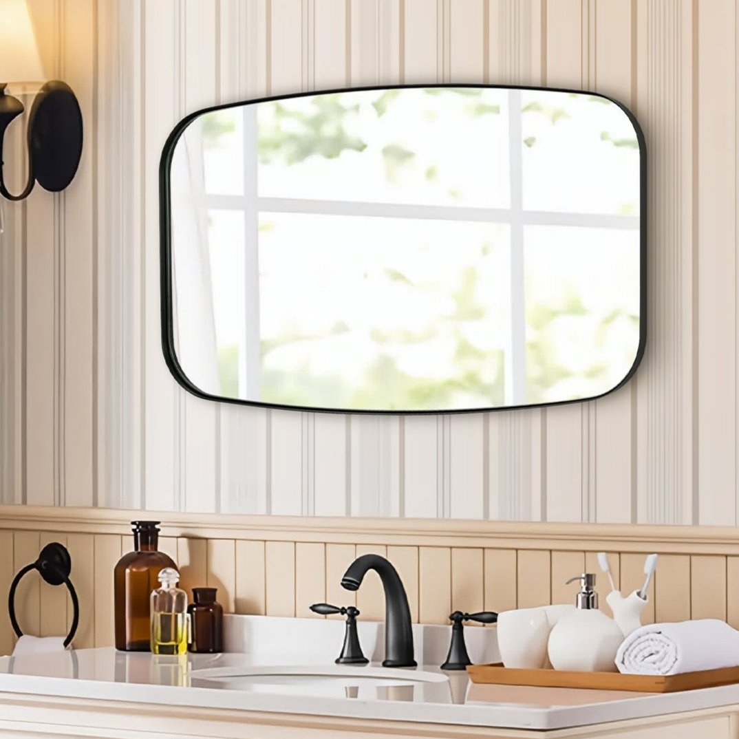 Modern Oblong Bathroom Mirror Long Oval Mirror | Stainless Steel Frame