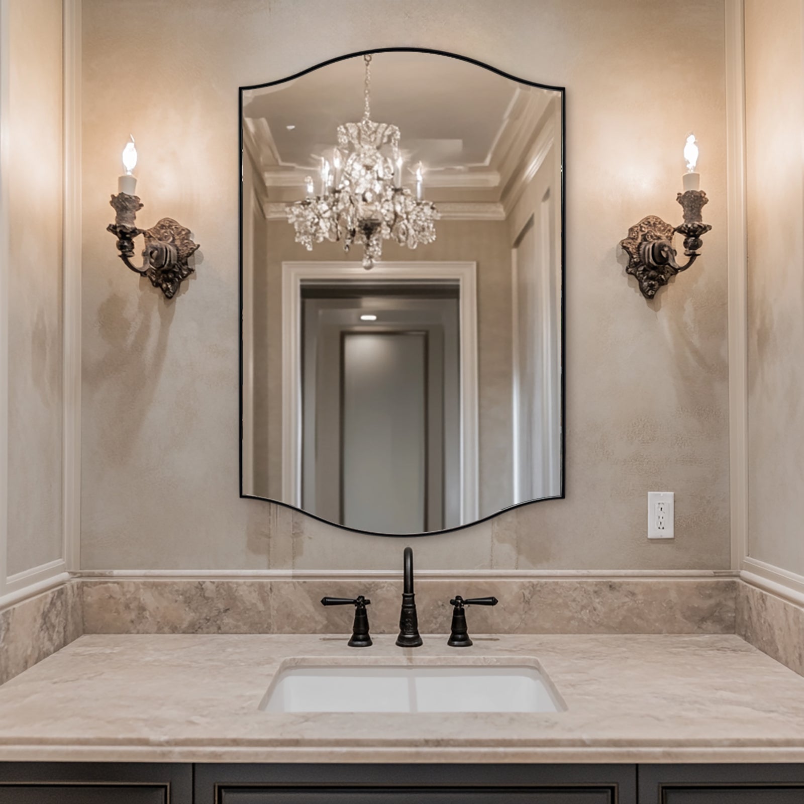 Dual Curve Arch Rectangular Scalloped  Bathroom Wall Mirror |Stainless Steel Framed