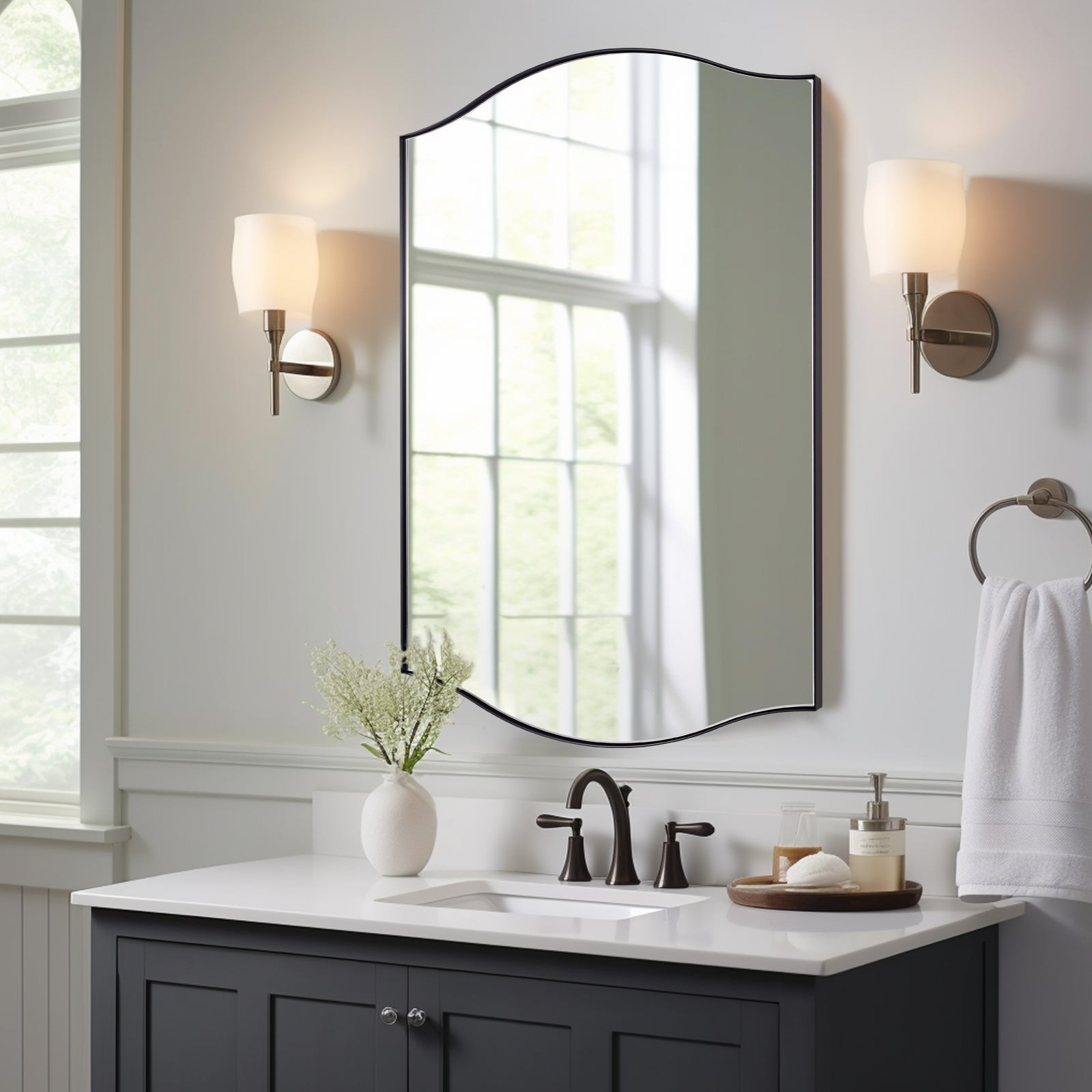 Dual Curve Arch Rectangular Scalloped  Bathroom Wall Mirror |Stainless Steel Framed