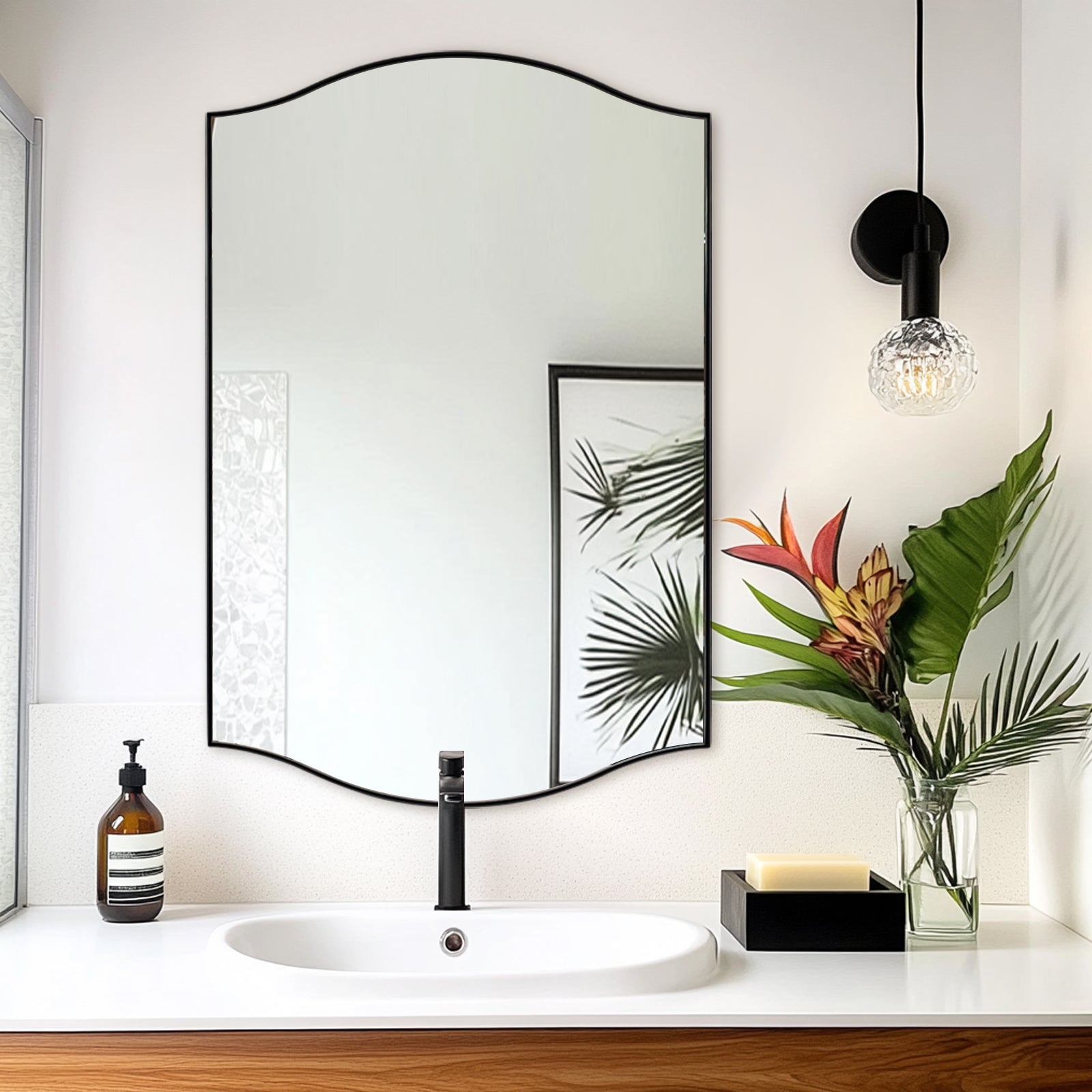 Dual Curve Arch Rectangular Scalloped Bathroom Wall Mirror |Stainless Steel Framed