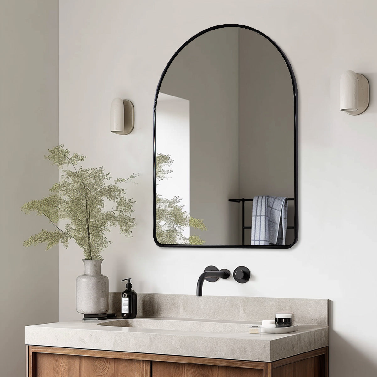 Contemporary Bold Stainless Steel Framed Arched Wall Mirrors for Bathroom, Living Room, Entry