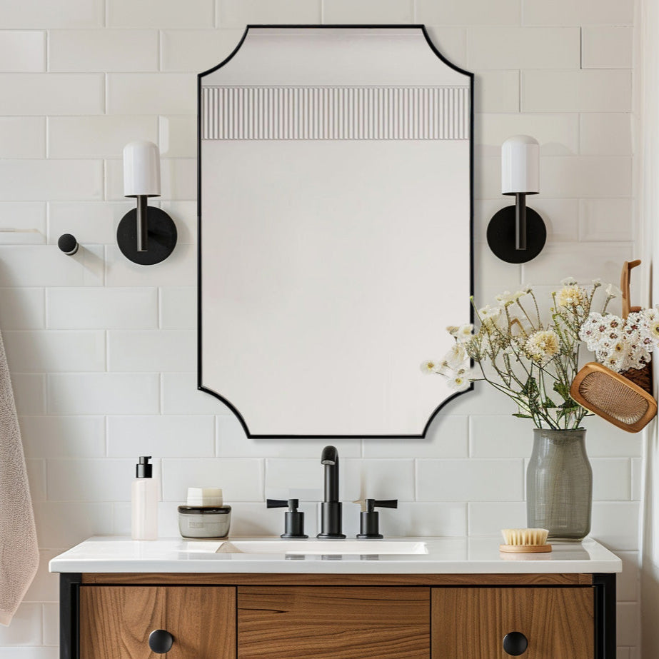 Contemporary Rounded Notched Corner Scalloped Rectangle Bathroom Vanity Mirror | Stainless Steel Frame