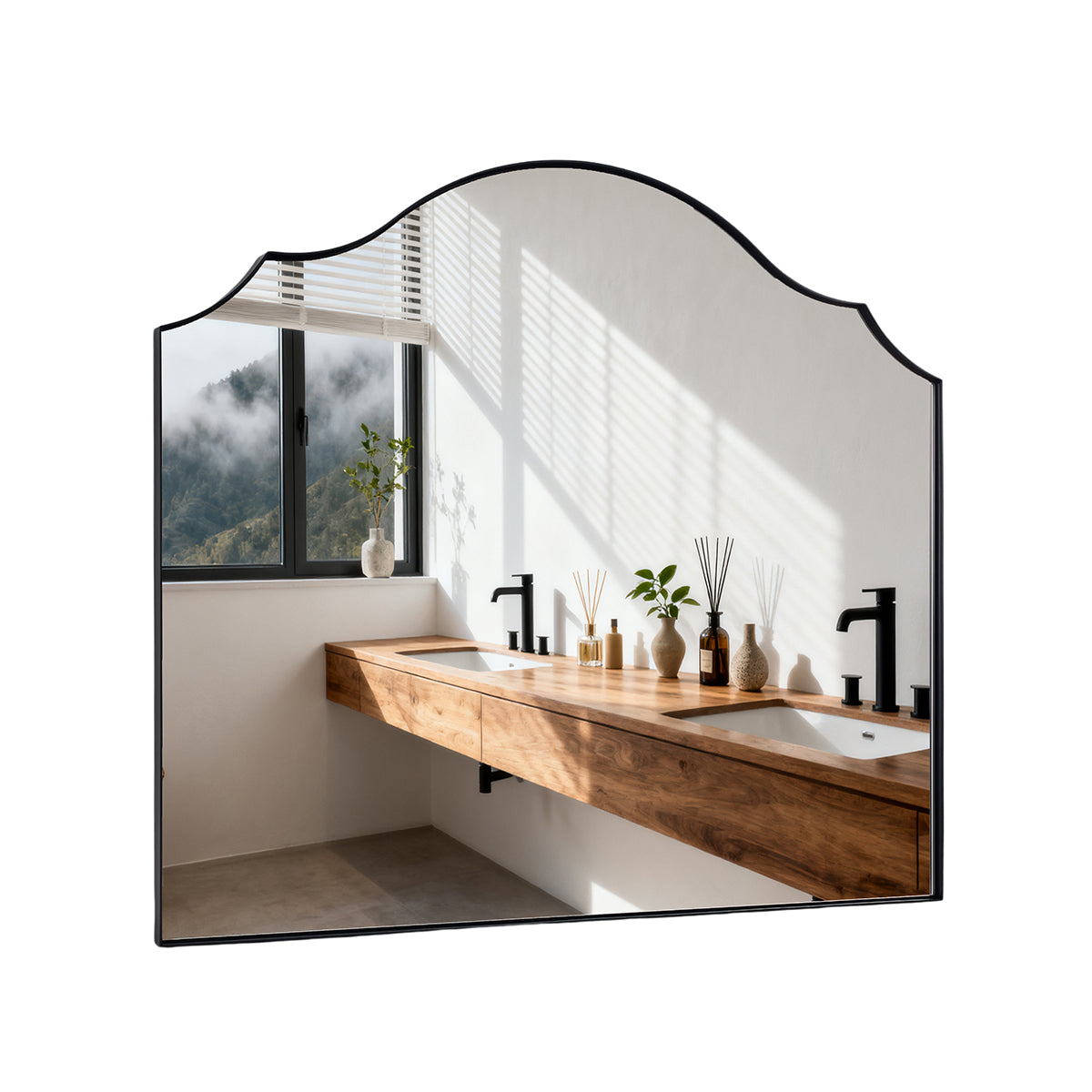 Contemporary Arched Curved Scalloped Mirror Bathroom Vanity Mirror | Stainless Steel Frame