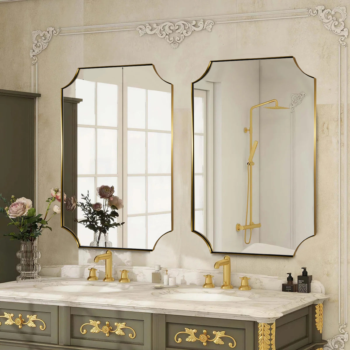 Contemporary Rounded Notched Corner Scalloped Rectangle Bathroom Vanity Mirror | Stainless Steel Frame