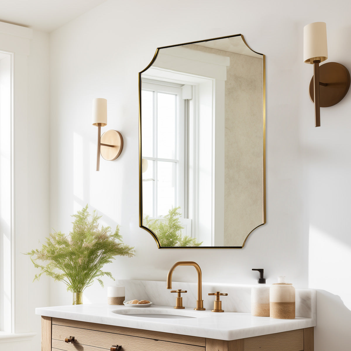 Contemporary Notched Corner Scalloped Rectangle Bathroom Vanity Mirror | Stainless Steel Frame