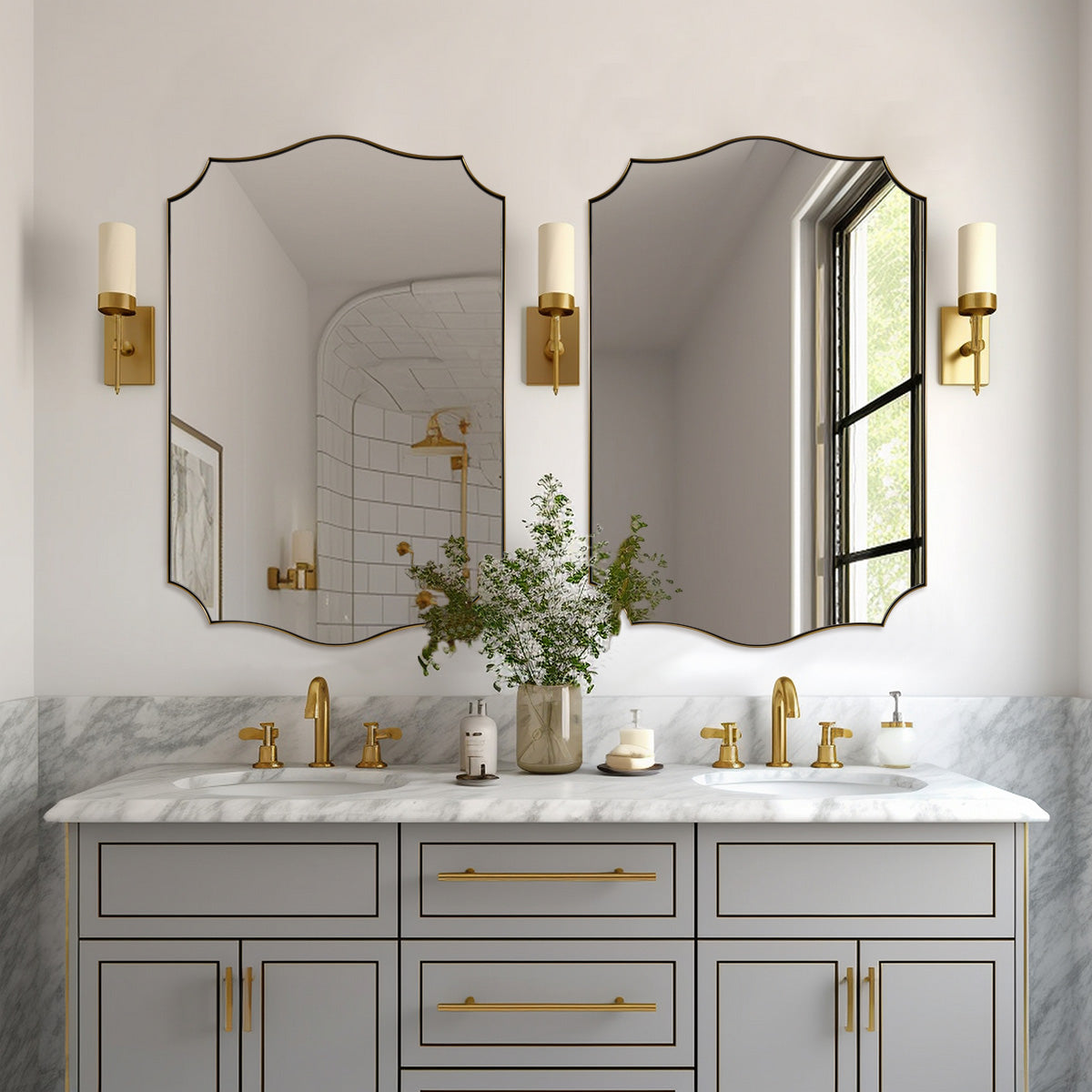 Traditional Rectangle Scalloped Wall Mirror for Bathroom | Stainless Steel Frame