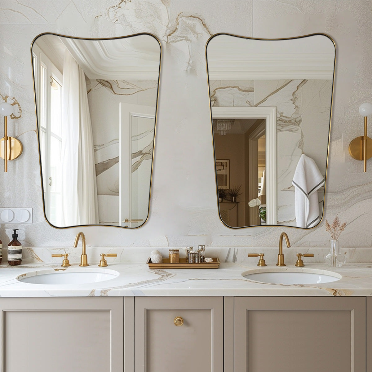 Modern Concave Top Rectangle Irregular Scalloped Bathroom Wall Mirror |Stainless Steel Frame