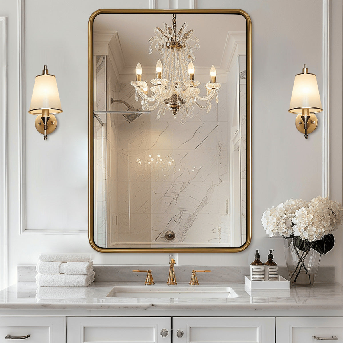 Contemporary Rectangle Bathroom Mirror |Rounded Stainless Steel Framed