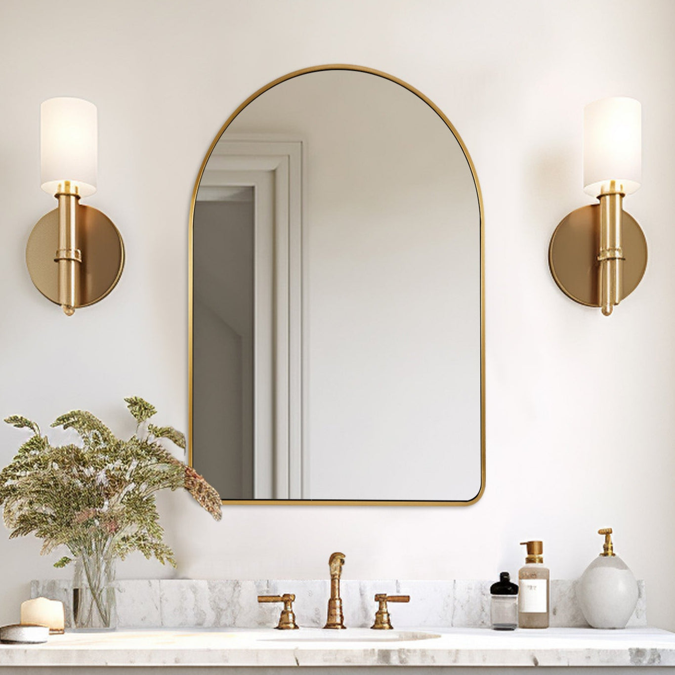 Contemporary Bold Stainless Steel Framed Arched Wall Mirrors for Bathroom, Living Room, Entry