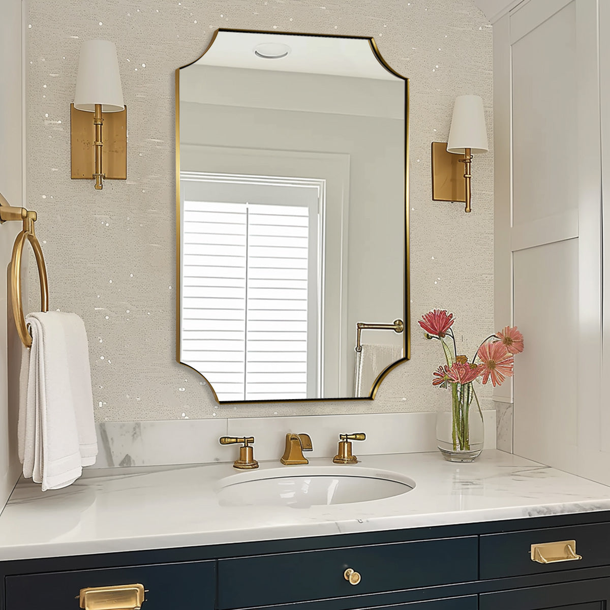 Contemporary Rounded Notched Corner Scalloped Rectangle Bathroom Vanity Mirror | Stainless Steel Frame