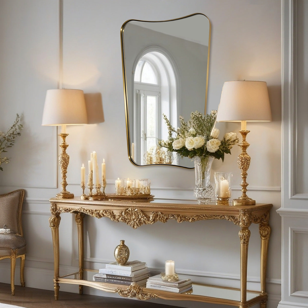 Antique Concave Top Rectangle Scalloped Decor Bathroom Mirror |Stainless Steel Frame
