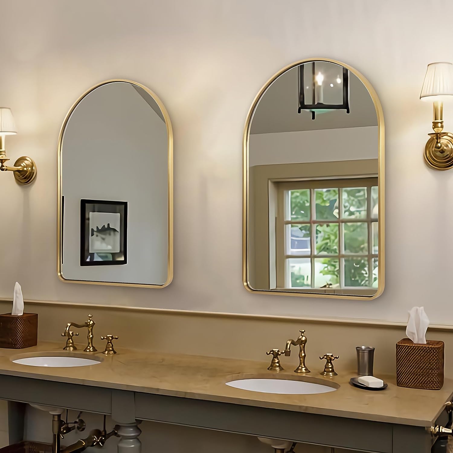 Contemporary Bold Stainless Steel Framed Arched Wall Mirrors for Bathroom, Living Room, Entry