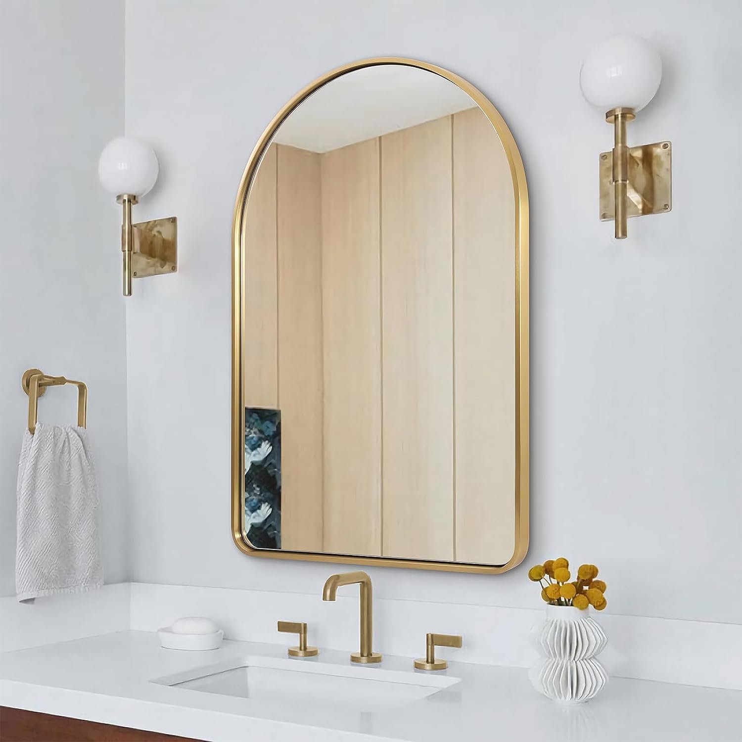 Contemporary Bold Stainless Steel Framed Arched Wall Mirrors for Bathroom, Living Room, Entry