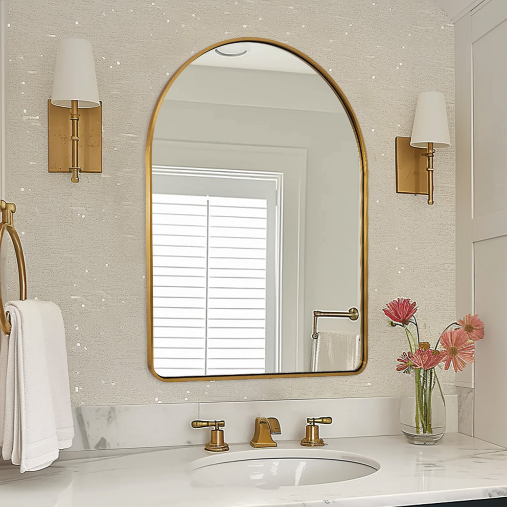 Contemporary Bold Stainless Steel Framed Arched Wall Mirrors for Bathroom, Living Room, Entry