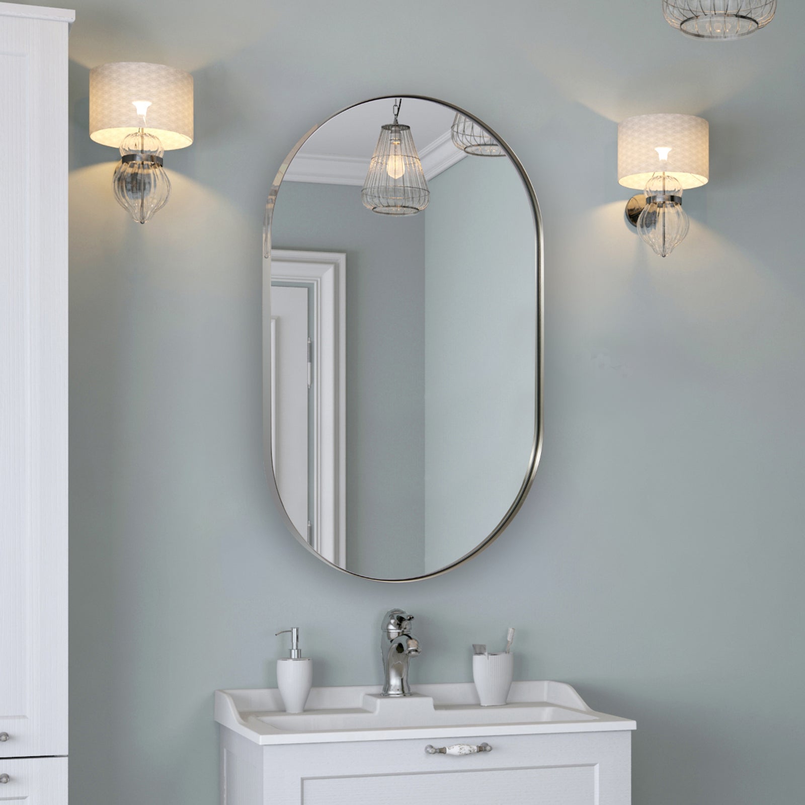 Modern Pill Shaped Capsule Wall Mirrors Long Oval Bathroom Vanity Mirror | Stainless Steel Frame