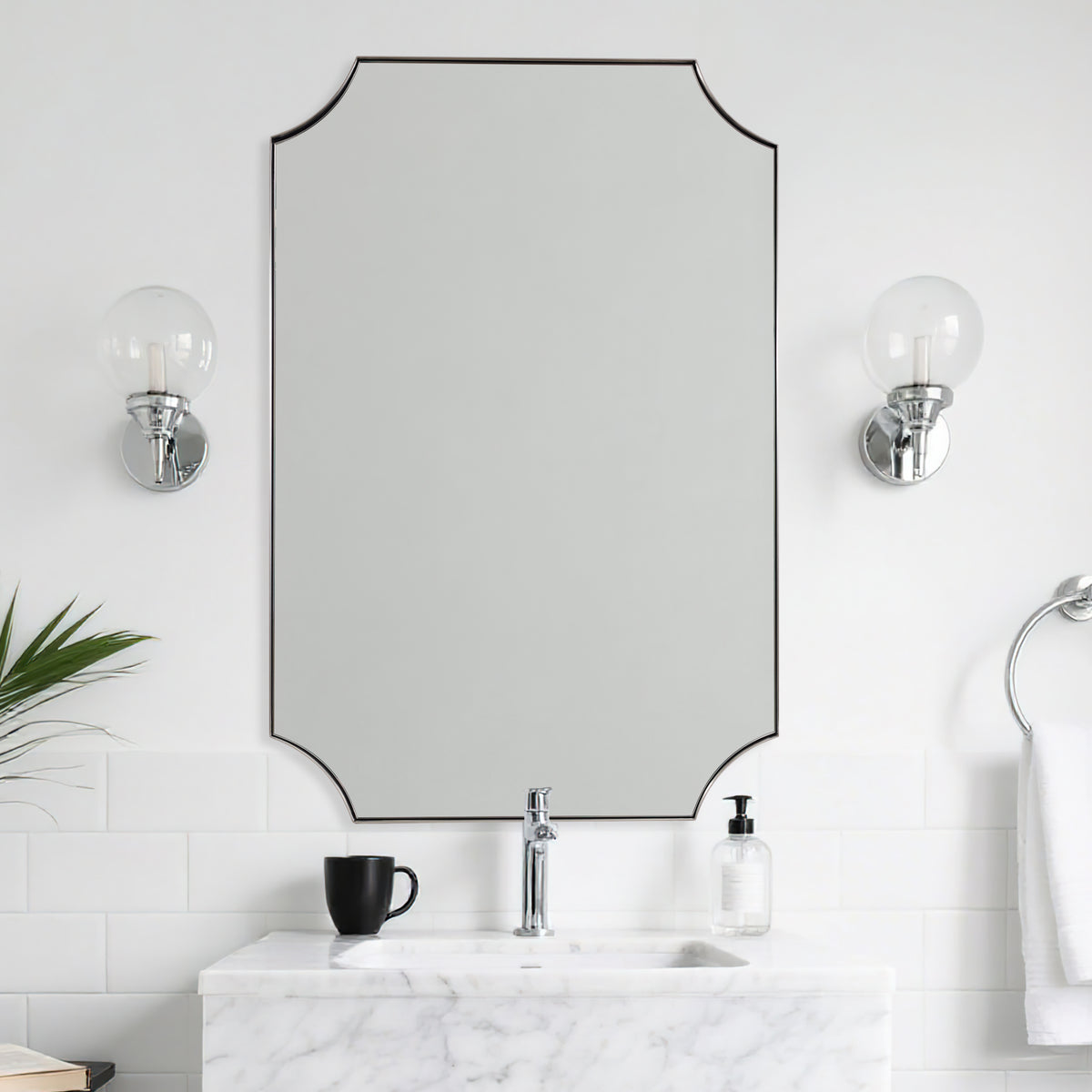 Modern Cut Corner Scalloped Rectangle Bathroom Vanity Mirror | Stainless Steel Frame