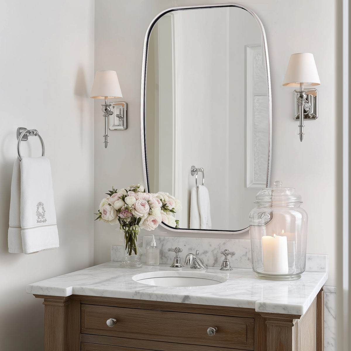 Contemporary Long Oval Oblong Bathroom Mirror | Stainless Steel Frame