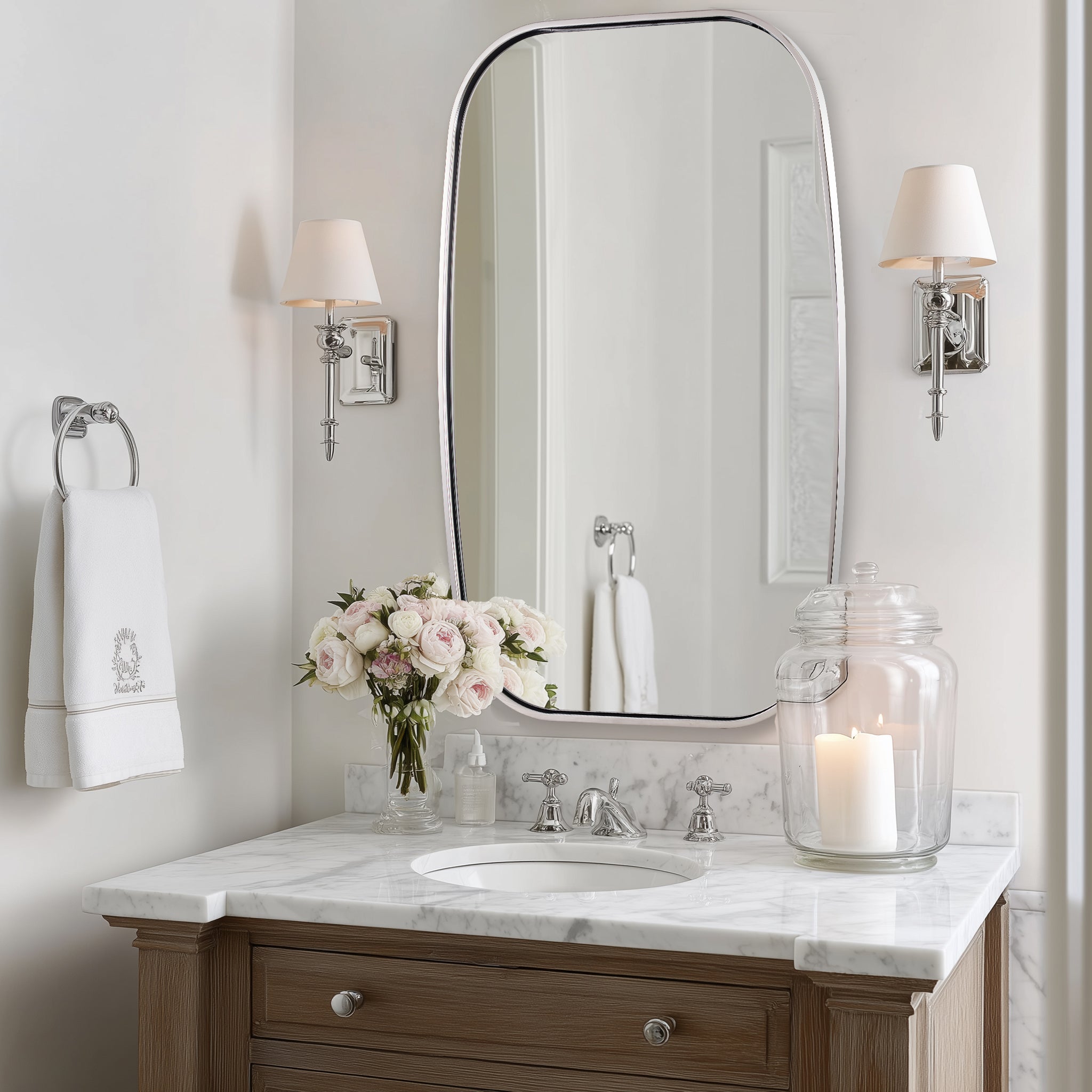 Contemporary Long Oval Oblong Bathroom Mirror | Stainless Steel Frame