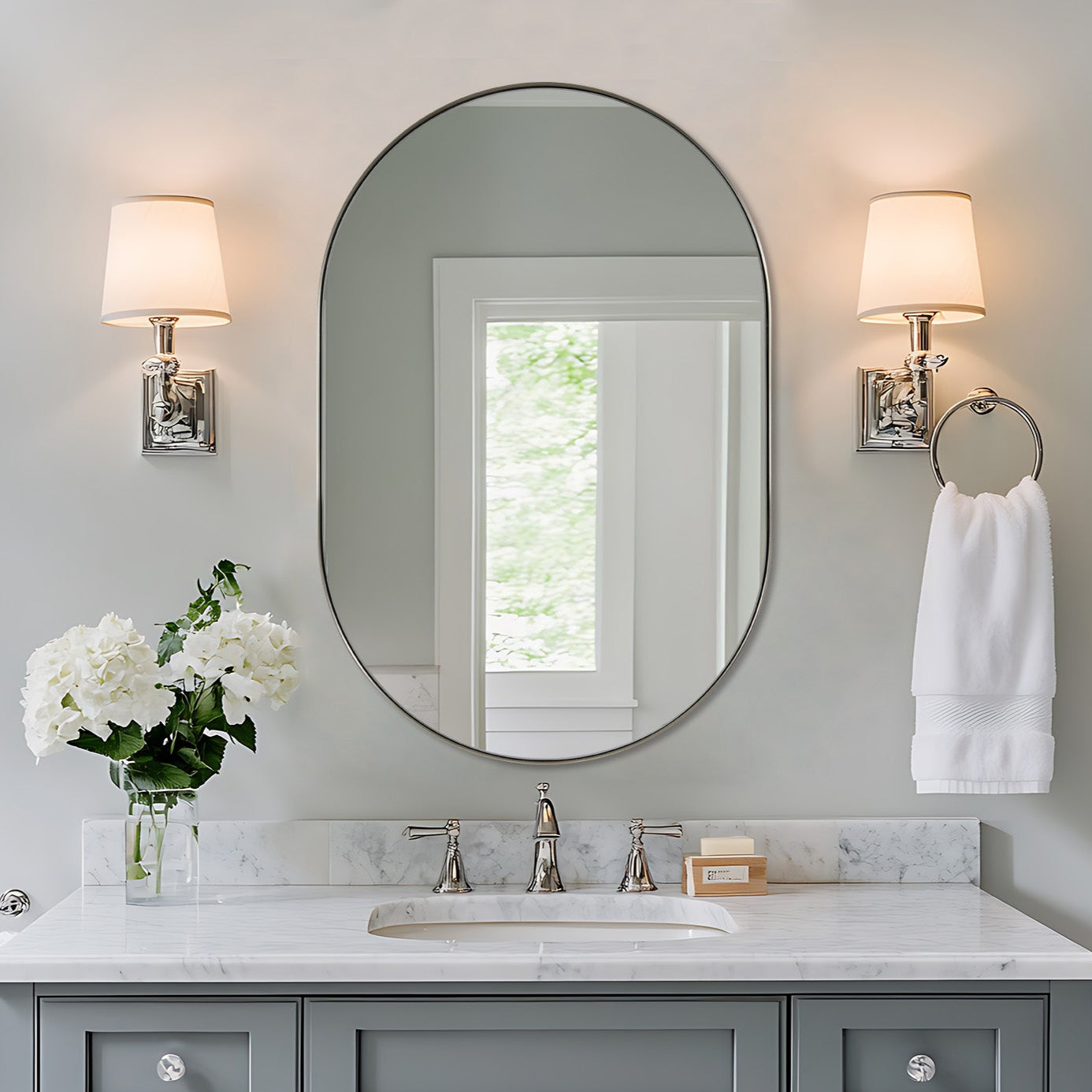 Modern Pill Shaped Capsule Wall Mirrors Long Oval Bathroom Vanity Mirror | Stainless Steel Frame