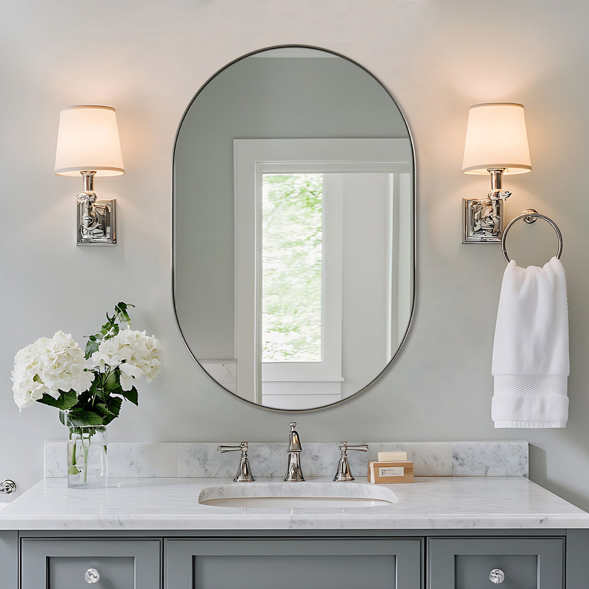 Modern Pill Shaped Capsule Wall Mirrors Long Oval Bathroom Vanity Mirror | Stainless Steel Frame