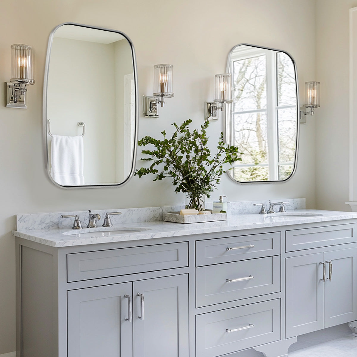 Contemporary Long Oval Oblong Bathroom Mirror | Stainless Steel Frame