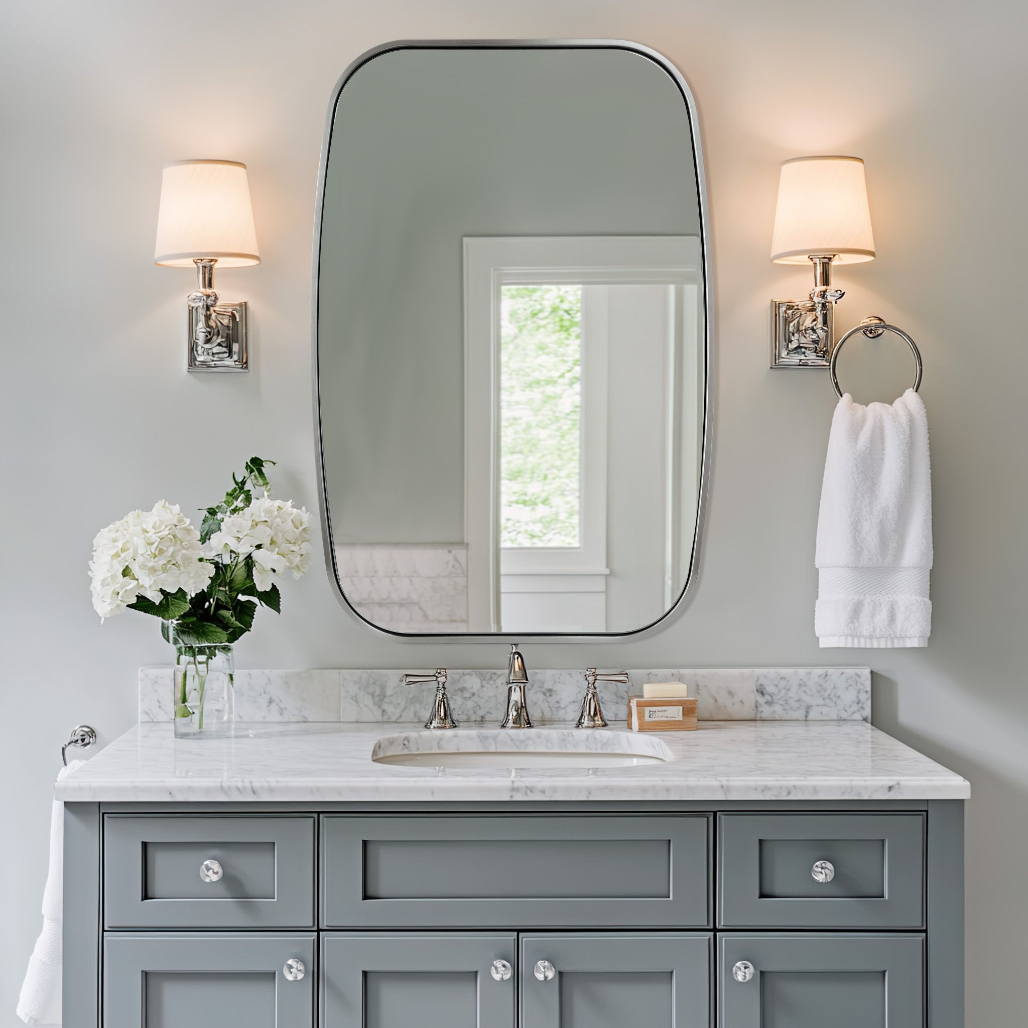 Contemporary Long Oval Oblong Bathroom Mirror | Stainless Steel Frame