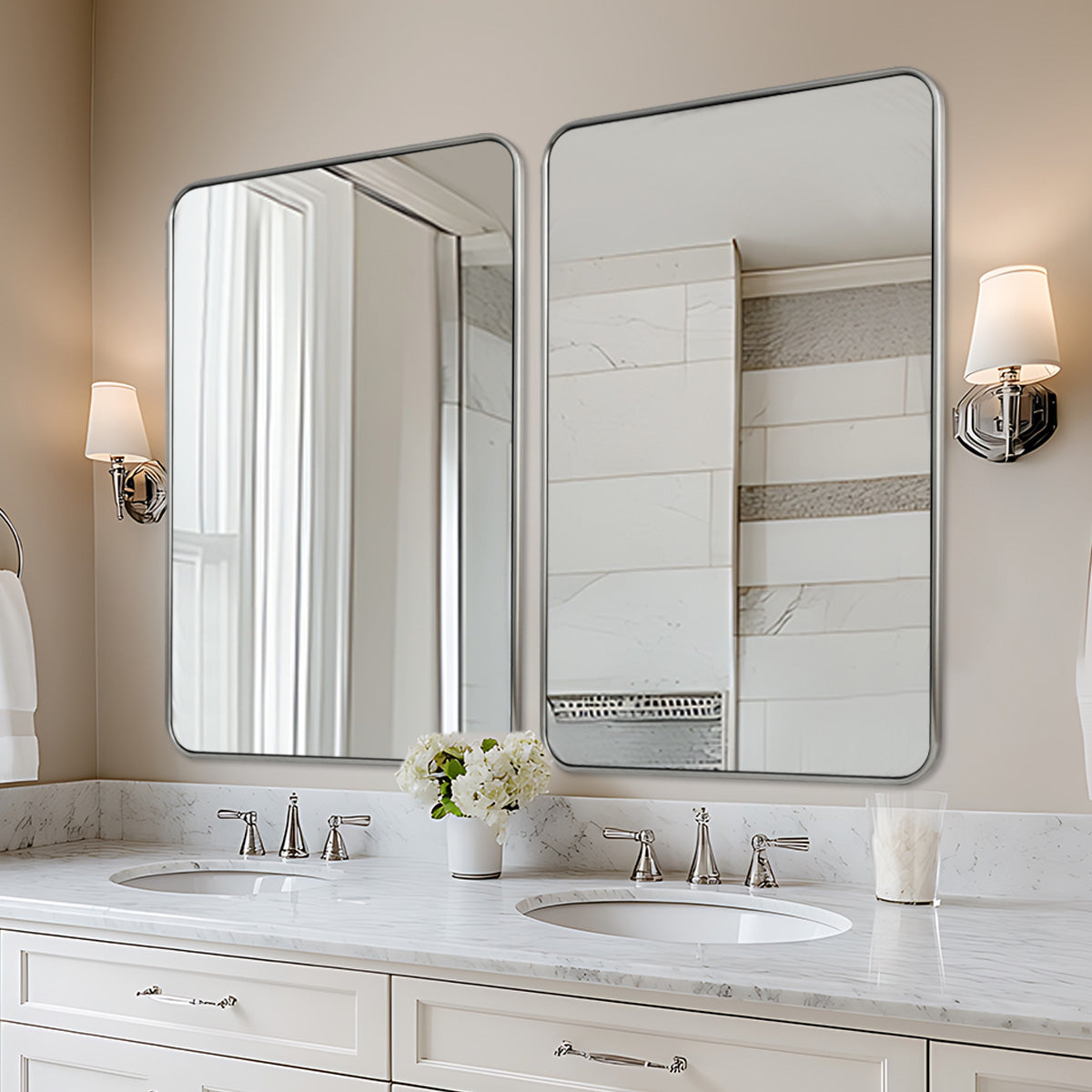 Contemporary Rounded Rectangular Bathroom Mirrors| Stainless Steel Thick Frame