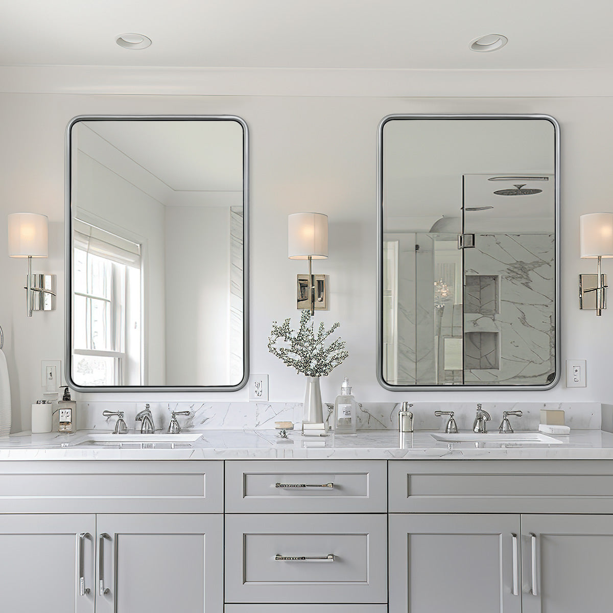 Contemporary Rectangle Bathroom Mirror |Rounded Stainless Steel Framed