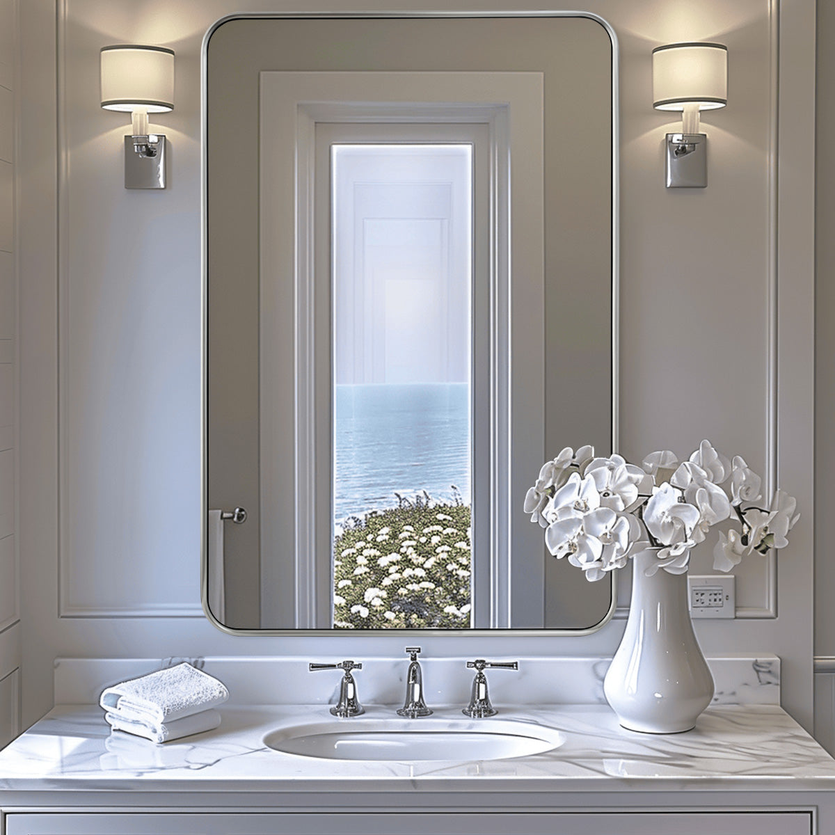 Contemporary Rounded Rectangular Bathroom Mirrors| Stainless Steel Thick Frame
