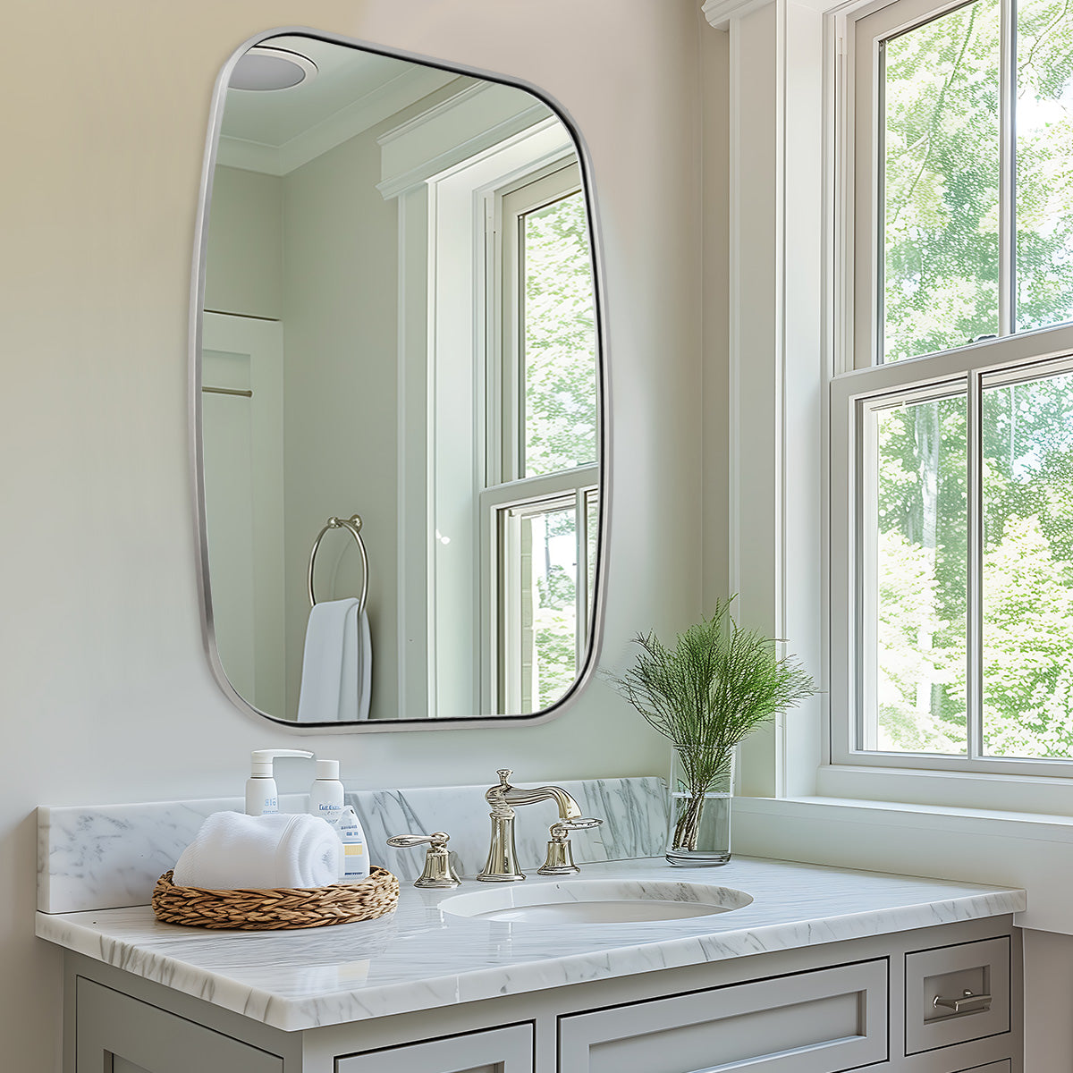 Contemporary Long Oval Oblong Bathroom Mirror | Stainless Steel Frame