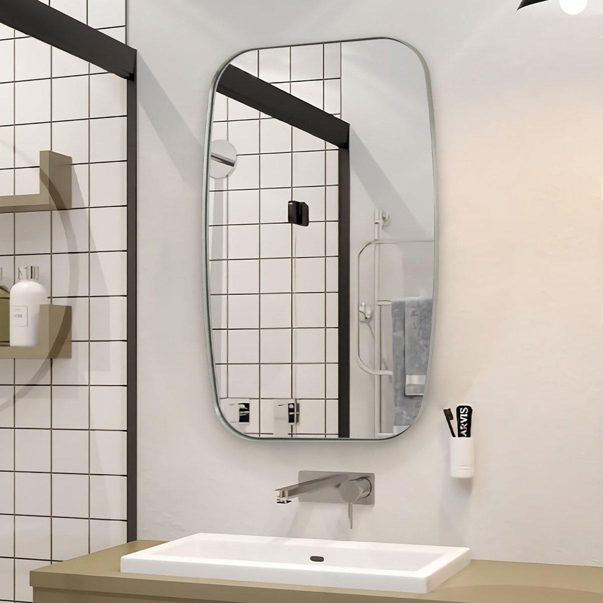 Modern Oblong Bathroom Mirror Long Oval Mirror | Stainless Steel Frame