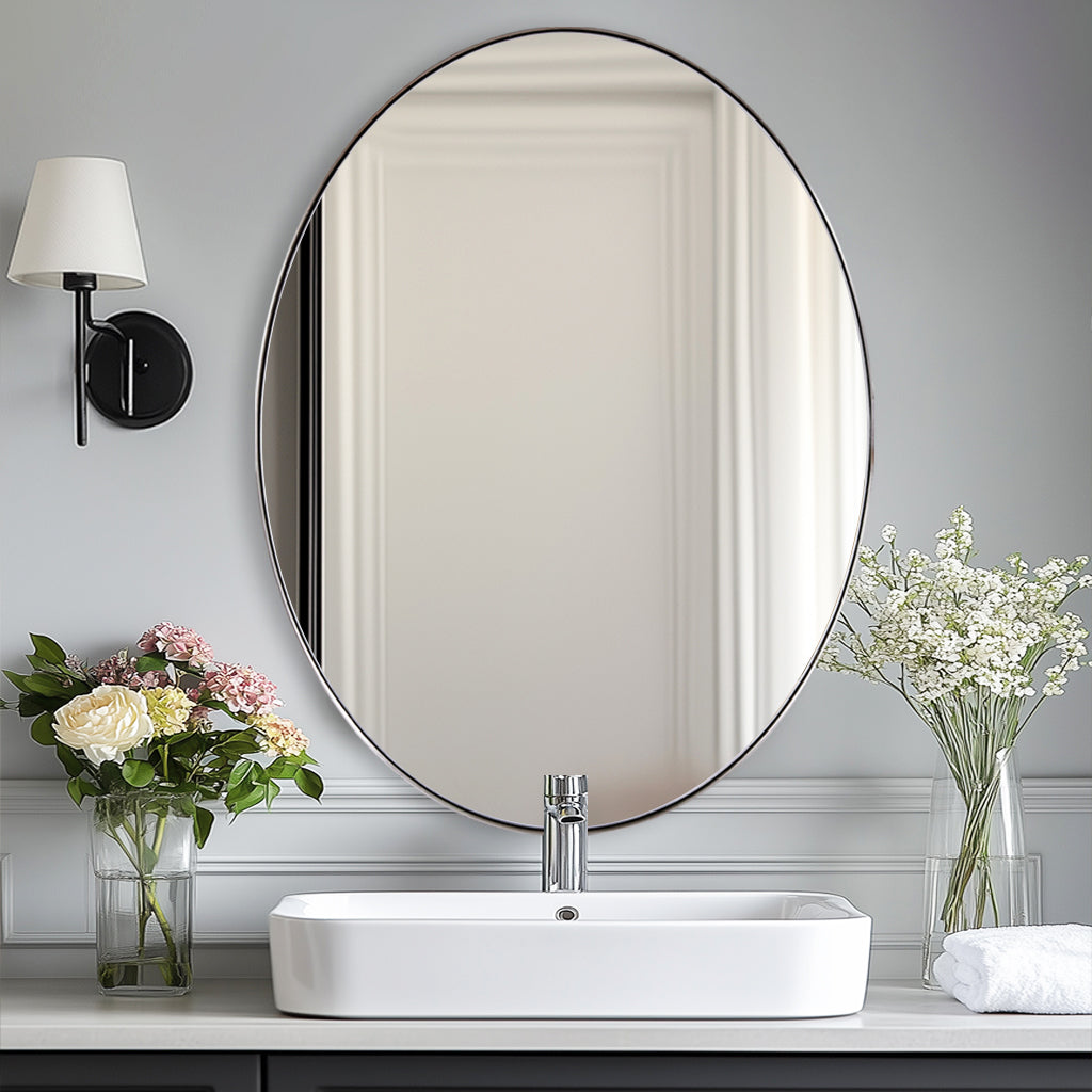 Open Box Like New: Modern Oval Wall Mounted Mirror for Bathroom Living Room | Stainless Steel Framed