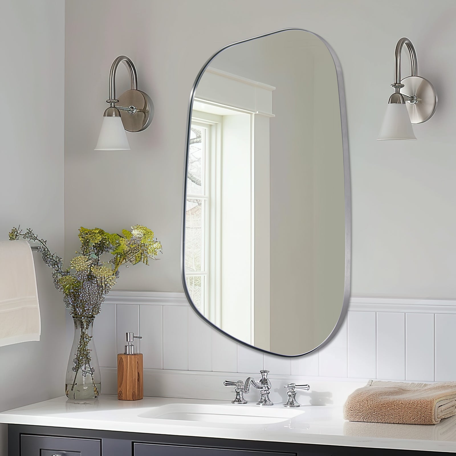Asymmetrical Irregular Bathroom Wall Mirror | Stainless Steel Frame