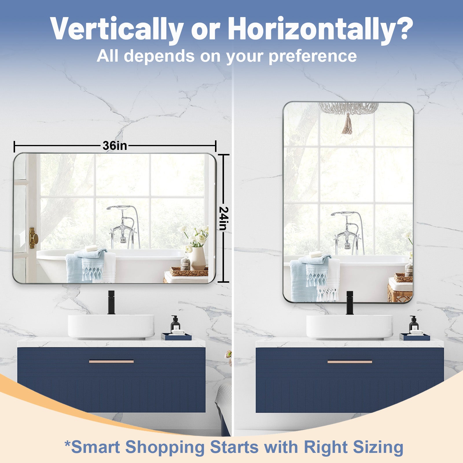 Modern Rounded Rectangular Bathroom Wall Mirrors with Aluminum Frame