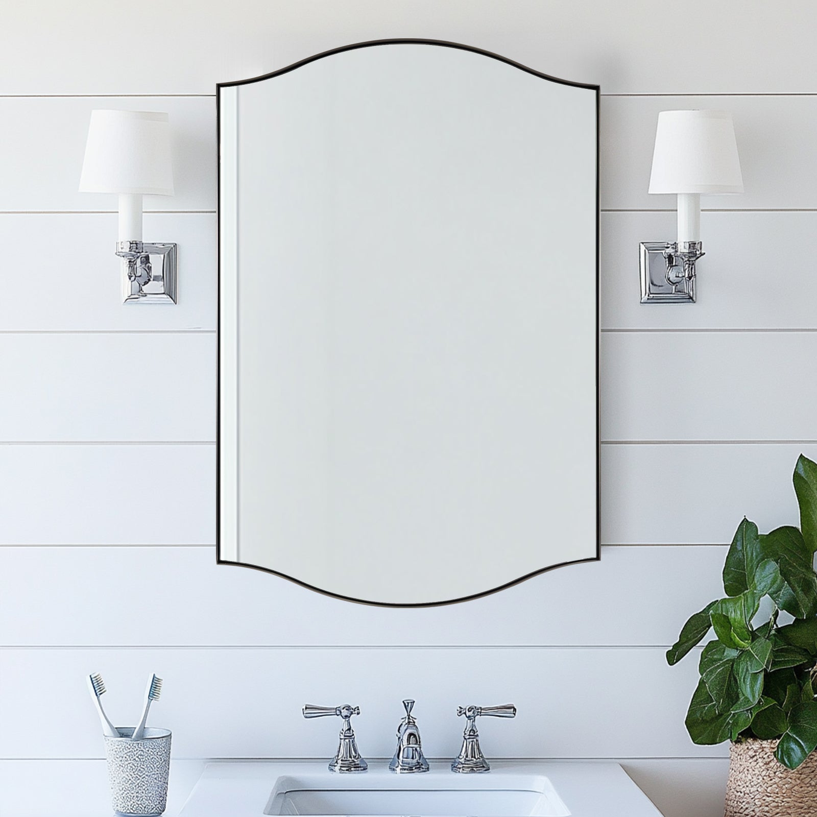 Dual Curve Arch Rectangular Scalloped  Bathroom Wall Mirror |Stainless Steel Framed