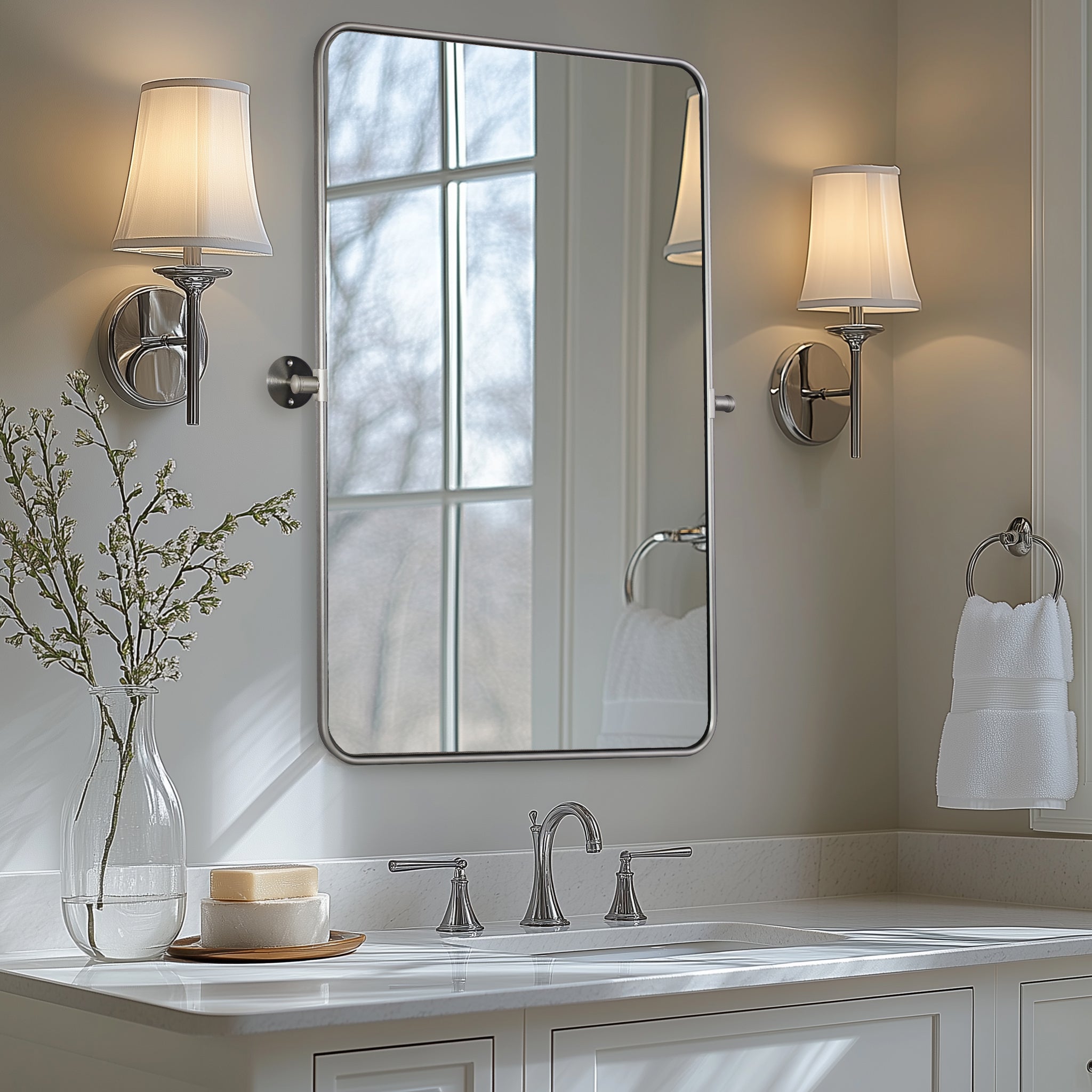 Modern Rectangle Pivot Mirror Adjustable Floating / Tilting Bathroom Mirror