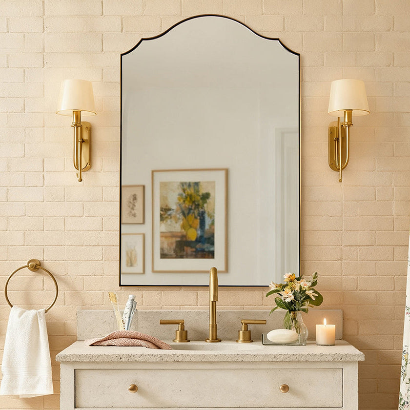 Contemporary Scalloped Arched Curved Mirror Bathroom Wall Mirror | Stainless Steel Frame