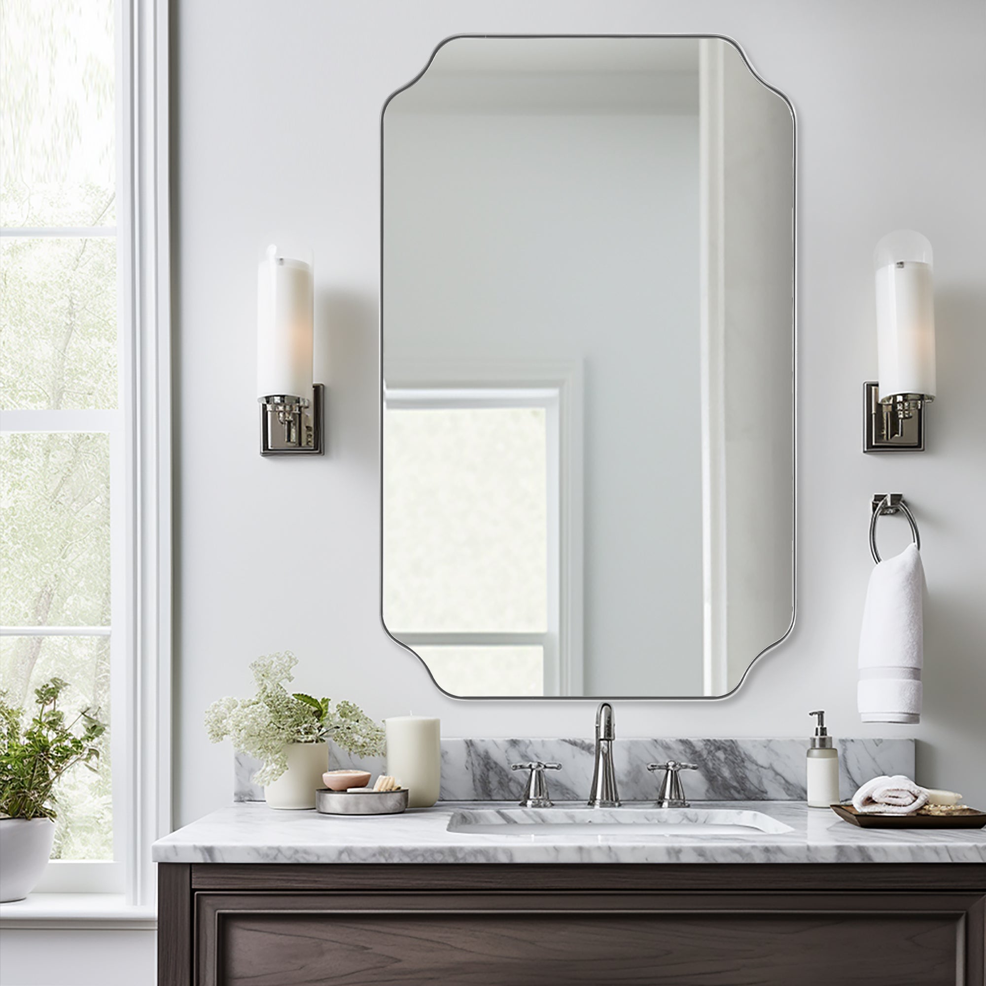 Contemporary Rounded Notched Corner Irregular Scalloped Mirror for Wall /Bathroom | Stainless Steel Frame