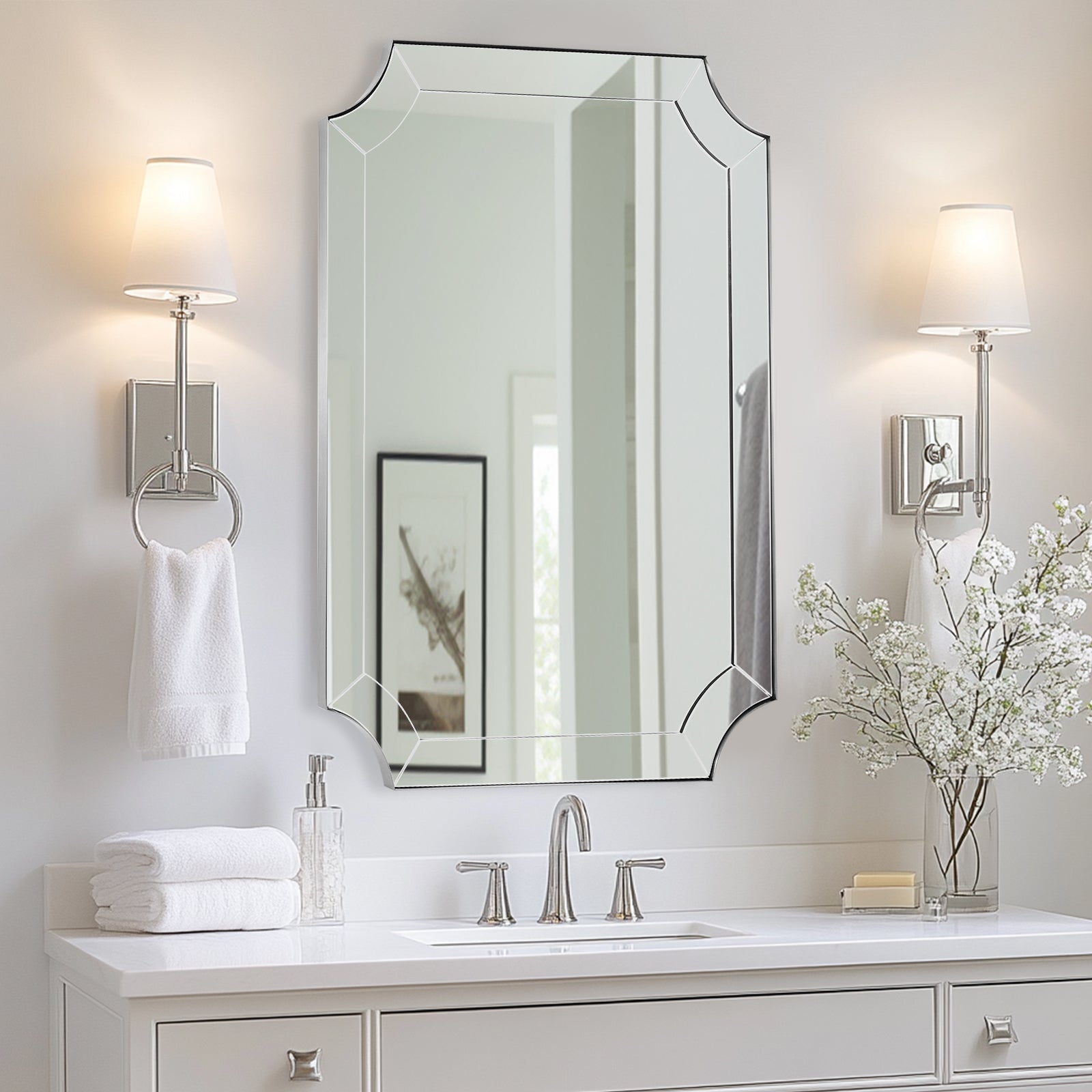 Minuette Glass Tiles Edge Scalloped Bathroom Vanity Mirrors | Stainless Steel Frame