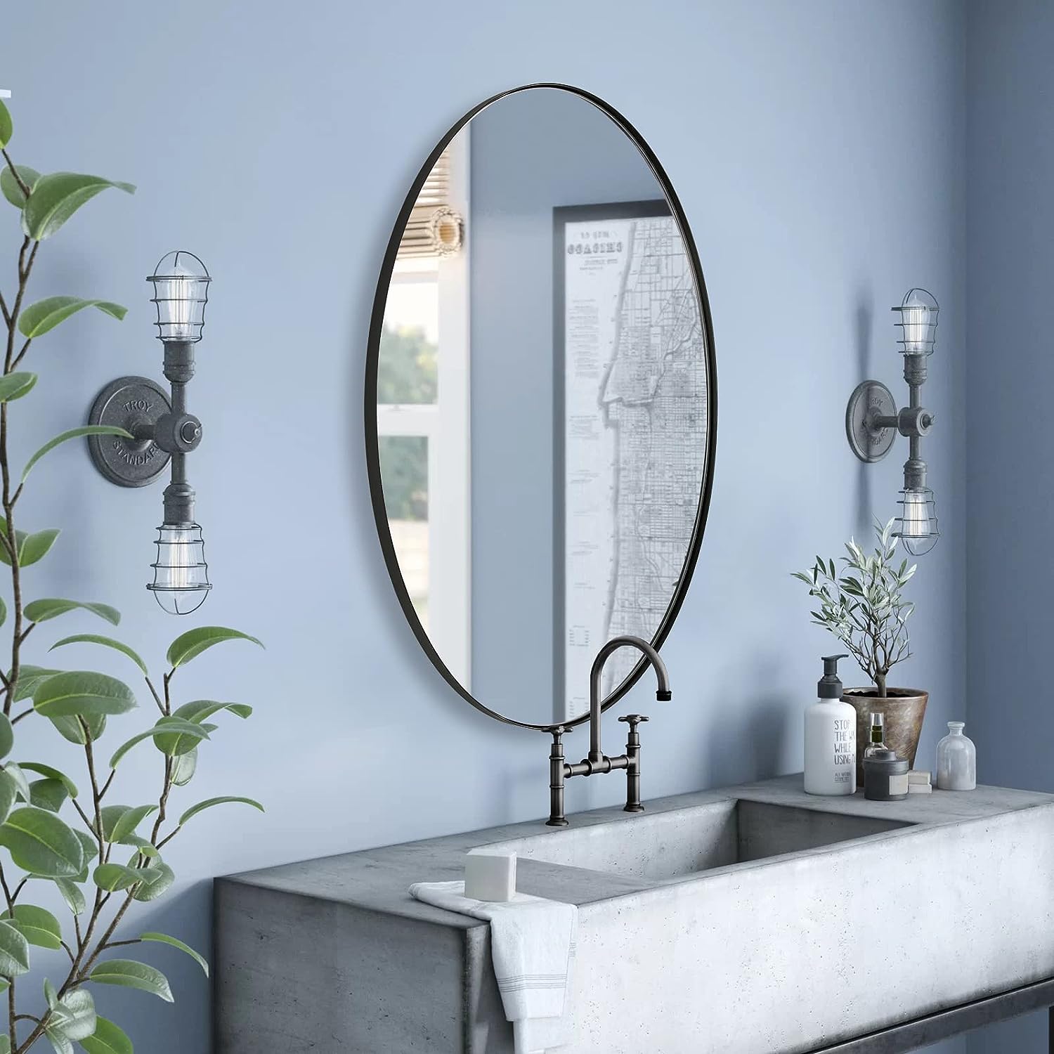 Modern Oval Wall Mounted Mirror for Bathroom Living Room | Stainless Steel Framed