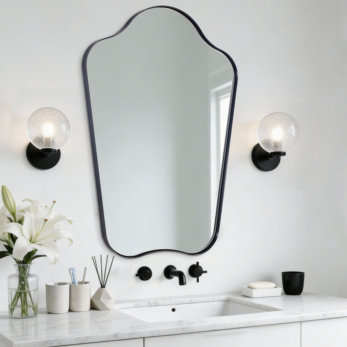 Contemporary Curved Top Arch Scalloped Bathroom Wall Mirror | Stainless Steel Frame