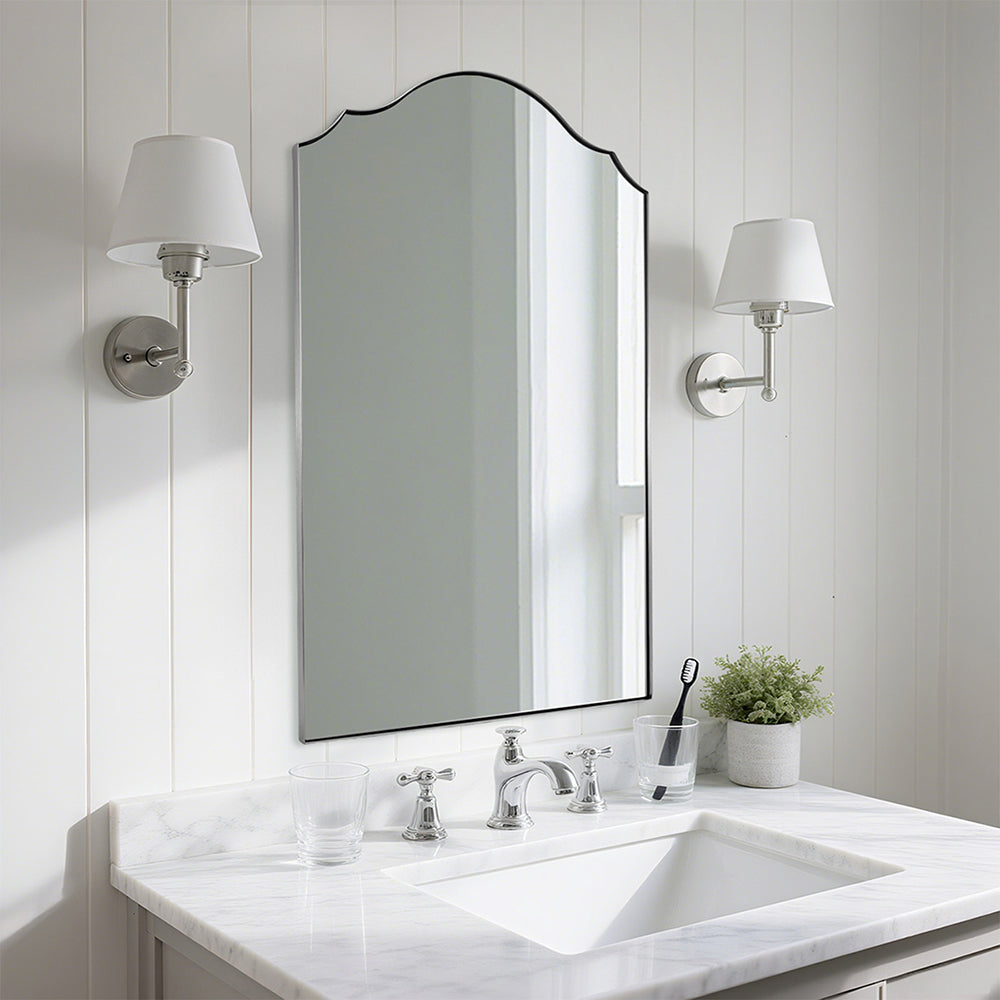 Contemporary Arched Curved Scalloped Mirror Bathroom Vanity Mirror | Stainless Steel Frame