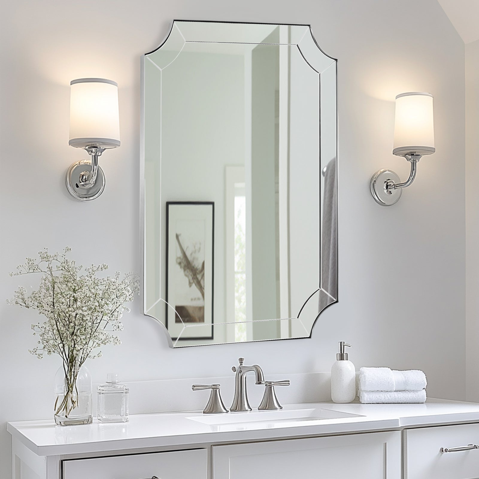 Minuette Glass Tiles Edge Scalloped Bathroom Vanity Mirrors | Stainless Steel Frame
