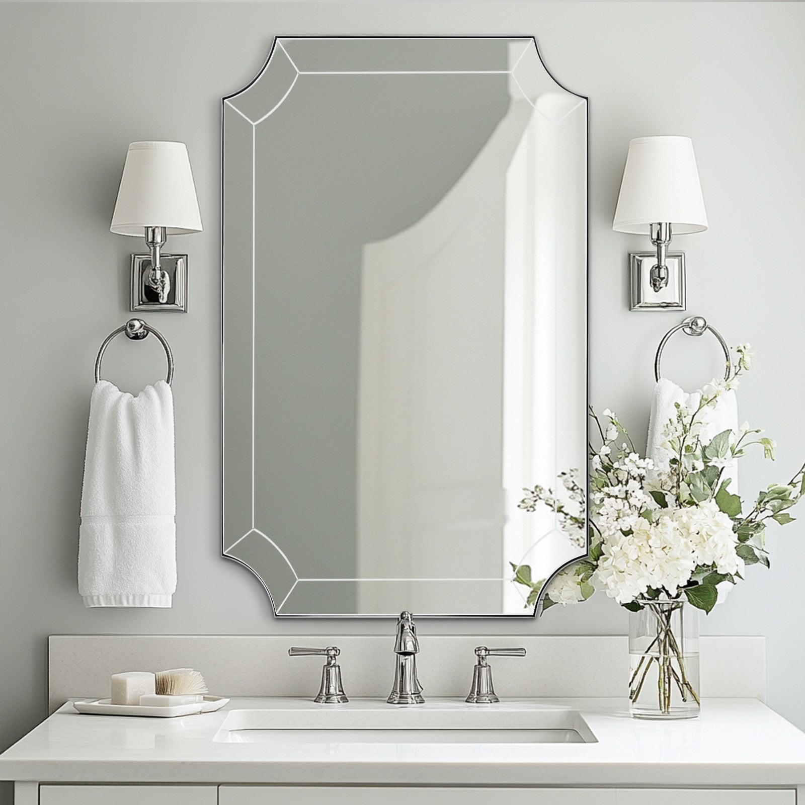 Minuette Glass Tiles Edge Scalloped Bathroom Vanity Mirrors | Stainless Steel Frame