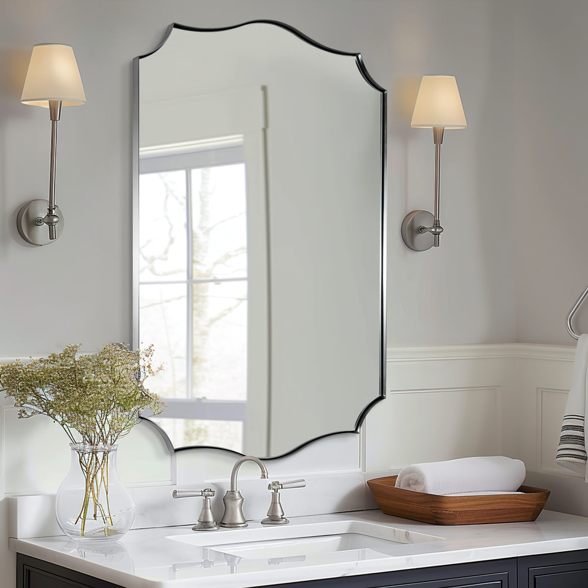 Traditional Rectangle Scalloped Wall Mirror for Bathroom | Stainless Steel Frame