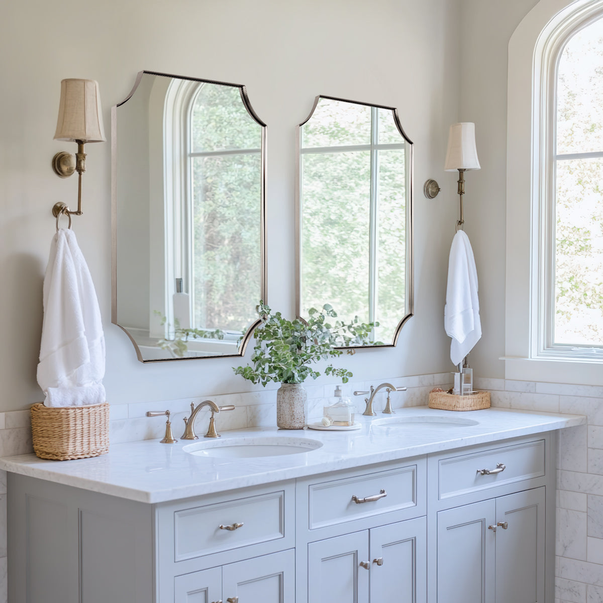Contemporary Rounded Notched Corner Scalloped Rectangle Bathroom Vanity Mirror | Stainless Steel Frame